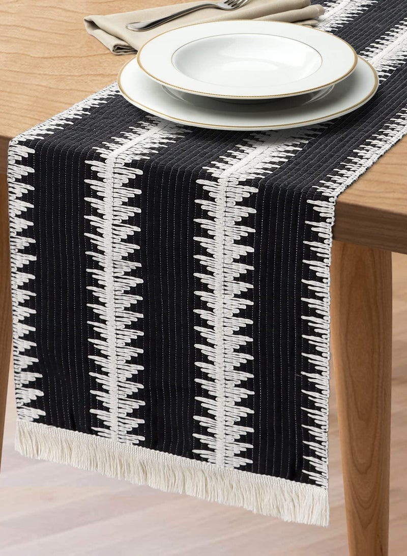 Black and White Burlap Table Runner, 30x180 CM, Natural Cotton with Tassels for Modern Farmhouse Wedding and Dining Decor - Image 1