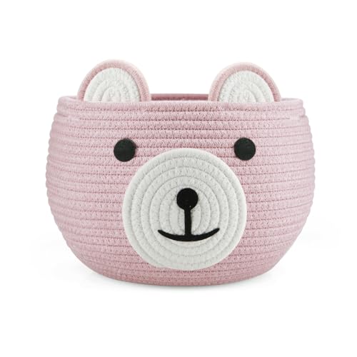 PandaEar Cotton Rope Baby Basket Baby Gift Basket Nursery Laundry Organizer with Cute Bear Design for Storage Infant Newborn Essentials Diaper Caddy with Handle Pink - Image 1