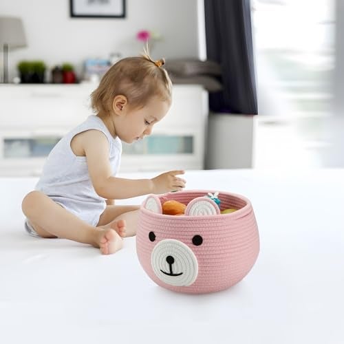 PandaEar Cotton Rope Baby Basket Baby Gift Basket Nursery Laundry Organizer with Cute Bear Design for Storage Infant Newborn Essentials Diaper Caddy with Handle Pink - Image 3