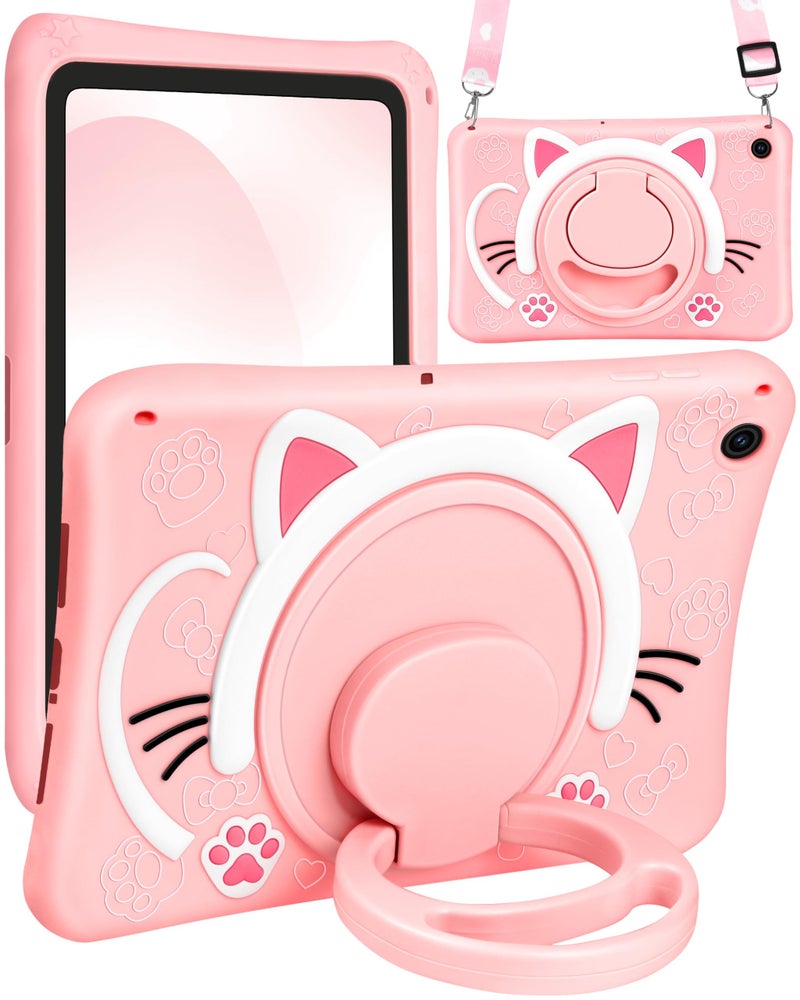 Wazzasoft for Samsung Galaxy Tab A9 Plus Case 11 Girls Cute Cat Kawaii Cover Girly 3D Cartoon Women Kitten with Rotating Handle Stand Strap Soft Silicon Funda for Samsung A9 Plus Tablet Case