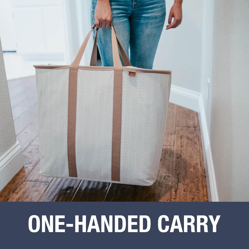 CleverMade Collapsible Laundry Caddy â€“ Foldable Laundry Hamper & Tote, XXL 64L Pop-Up Laundry Basket with Handles, Space-Saving Laundry Organizer for Home & Travel, 2 Pack - LUXE Cream Herringbone - Image 3