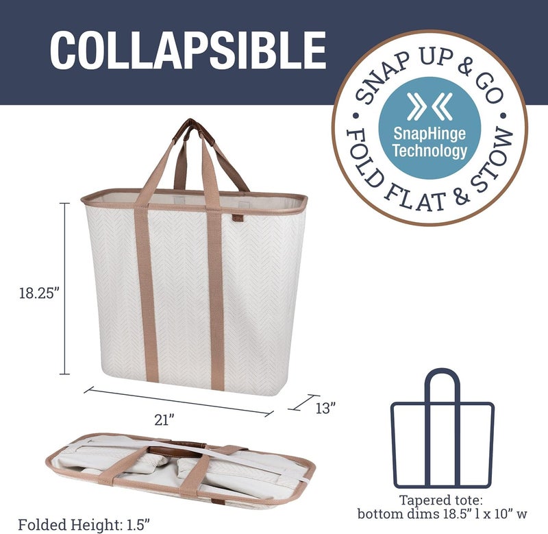 CleverMade Collapsible Laundry Caddy â€“ Foldable Laundry Hamper & Tote, XXL 64L Pop-Up Laundry Basket with Handles, Space-Saving Laundry Organizer for Home & Travel, 2 Pack - LUXE Cream Herringbone - Image 2