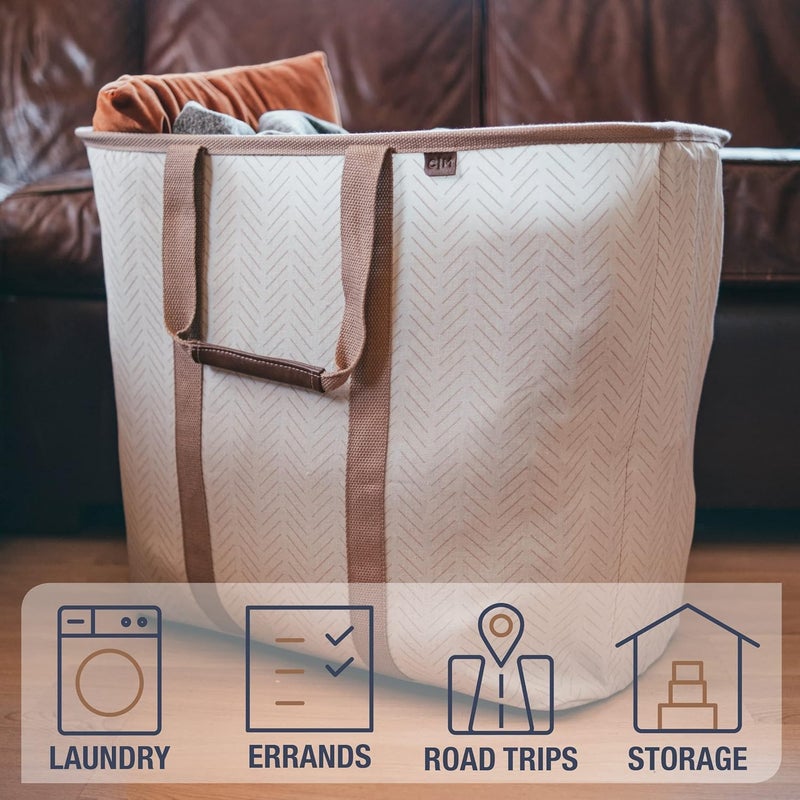 CleverMade Collapsible Laundry Caddy â€“ Foldable Laundry Hamper & Tote, XXL 64L Pop-Up Laundry Basket with Handles, Space-Saving Laundry Organizer for Home & Travel, 2 Pack - LUXE Cream Herringbone - Image 4