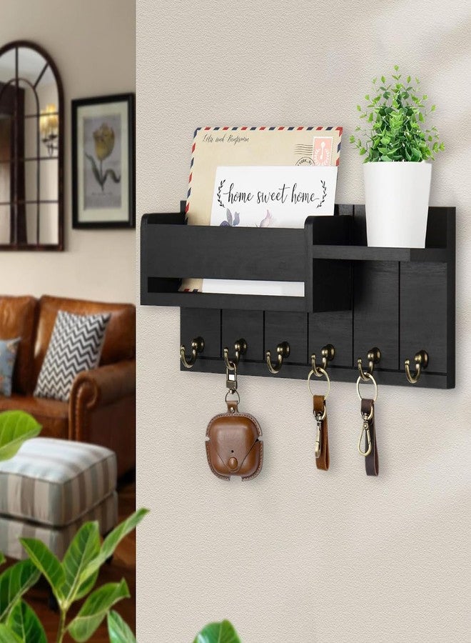 Supvox® Wooden Key Holder for Home Multi Metal Hook Rack Holder with Storage Shelf Keychain Holder Modern Rustic Key Hangers for Wall Home Decor Housewarming Gift Black 12x4.8 INCH - Image 3