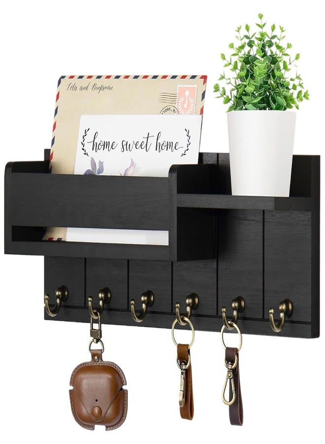 Supvox® Wooden Key Holder for Home Multi Metal Hook Rack Holder with Storage Shelf Keychain Holder Modern Rustic Key Hangers for Wall Home Decor Housewarming Gift Black 12x4.8 INCH - Image 1