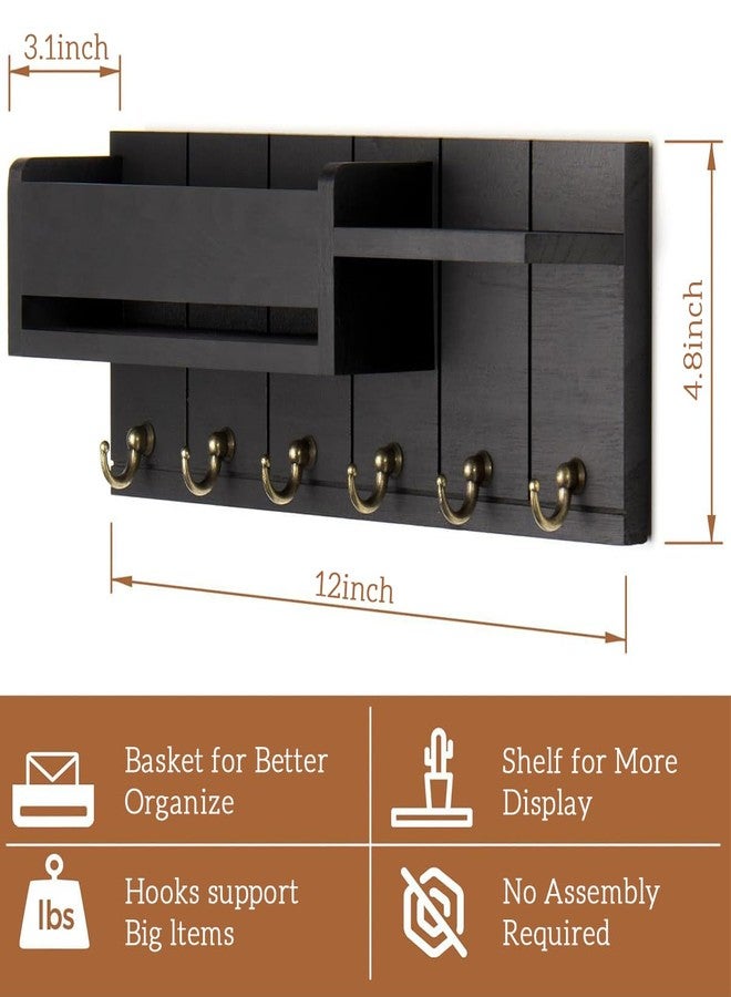 Supvox® Wooden Key Holder for Home Multi Metal Hook Rack Holder with Storage Shelf Keychain Holder Modern Rustic Key Hangers for Wall Home Decor Housewarming Gift Black 12x4.8 INCH - Image 2