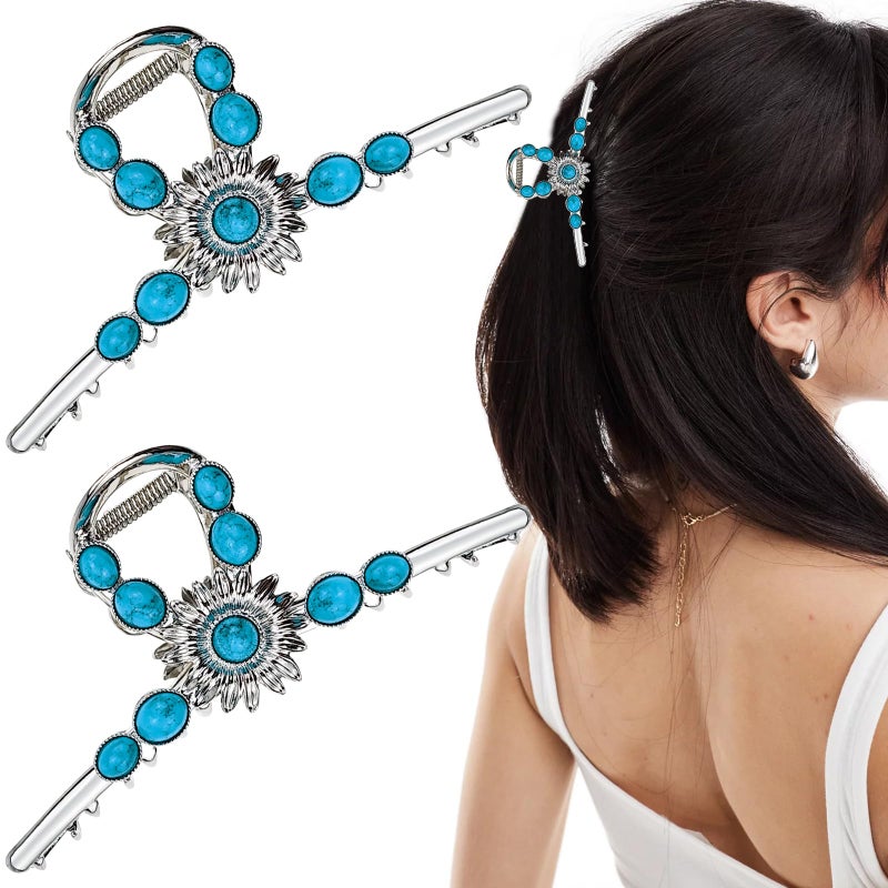 2 PACK Extra Turquoise Blue Stone Sun Hair Claw Clip Metal Retro Style Hairpin Western Hair Clip Nonslip Hair Accessories for Thick Hair