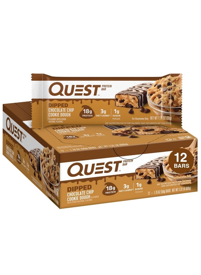 Quest Nutrition Dipped Chocolate Chip Cookie Dough Protein Bars, 18g Protein, 3g Net Carbs, Gluten Free, 1.76 Oz, 12 Count - Image 1