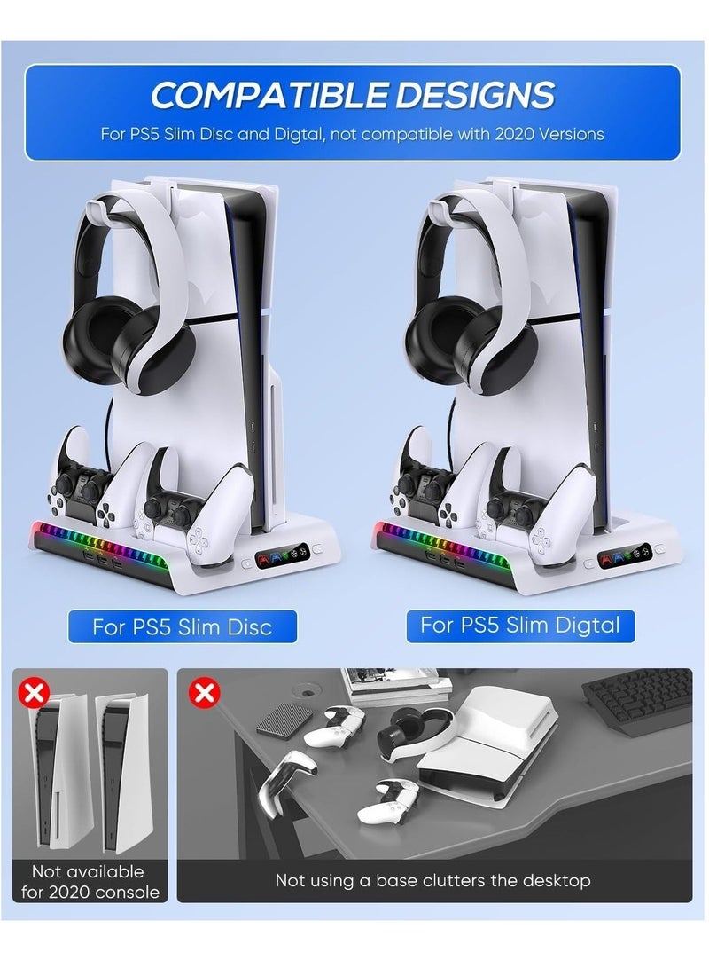 إيفرين حامل تبريد PS5 Slim مع محطة شحن وحدة التحكم لوحدة التحكم PS5 Slim لوحدة التحكم PS5 Slim (رقمي/قرص)، ملحقات بلاي ستيشن 5 Slim تتضمن أضواء RGB وخطاف سماعة رأس، مروحة صامتة 3 مستويات، 3 منافذ USB - Image 2