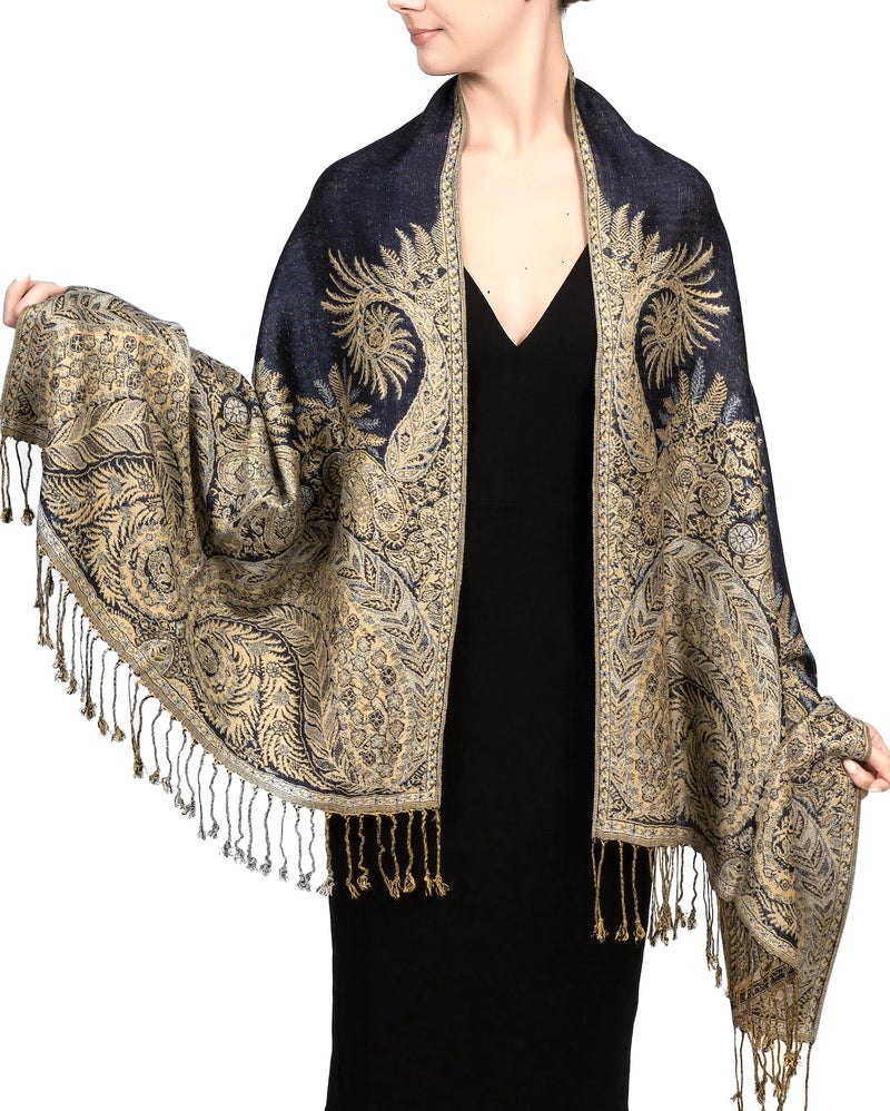 Achillea Luxurious Double Layered Jacquard Big Paisley Pashmina Shawl Wrap Scarf (Navy) - Image 2