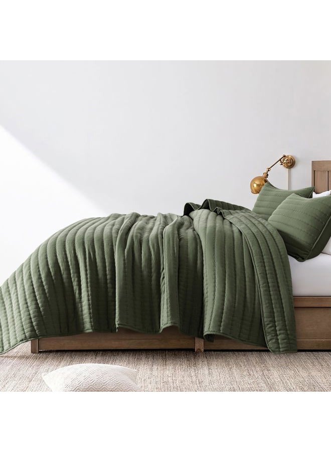ROARINGWILD Olive Green King Size Quilt Set, Striped Pick Stitch Lightweight Bedspread, Soft Channel Farmhouse Rustic Coverlet, Spring Summer Thin Comforter, Country Bedding, 104x90 inches - Image 3