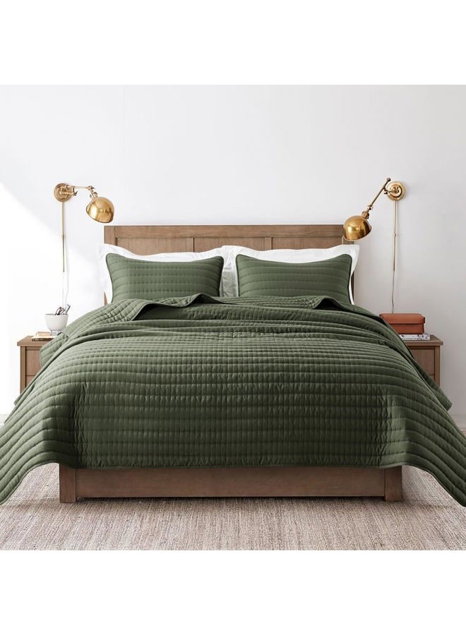 ROARINGWILD Olive Green King Size Quilt Set, Striped Pick Stitch Lightweight Bedspread, Soft Channel Farmhouse Rustic Coverlet, Spring Summer Thin Comforter, Country Bedding, 104x90 inches - Image 2