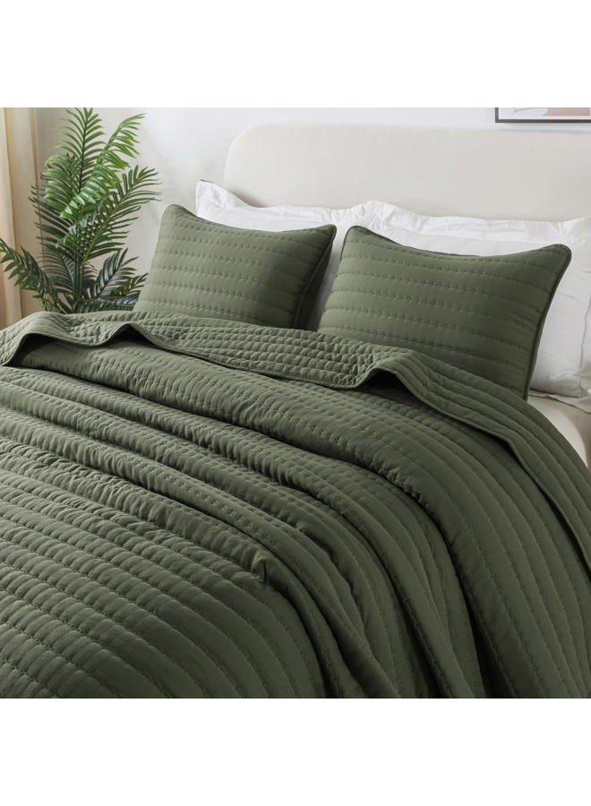 ROARINGWILD Olive Green King Size Quilt Set, Striped Pick Stitch Lightweight Bedspread, Soft Channel Farmhouse Rustic Coverlet, Spring Summer Thin Comforter, Country Bedding, 104x90 inches - Image 1