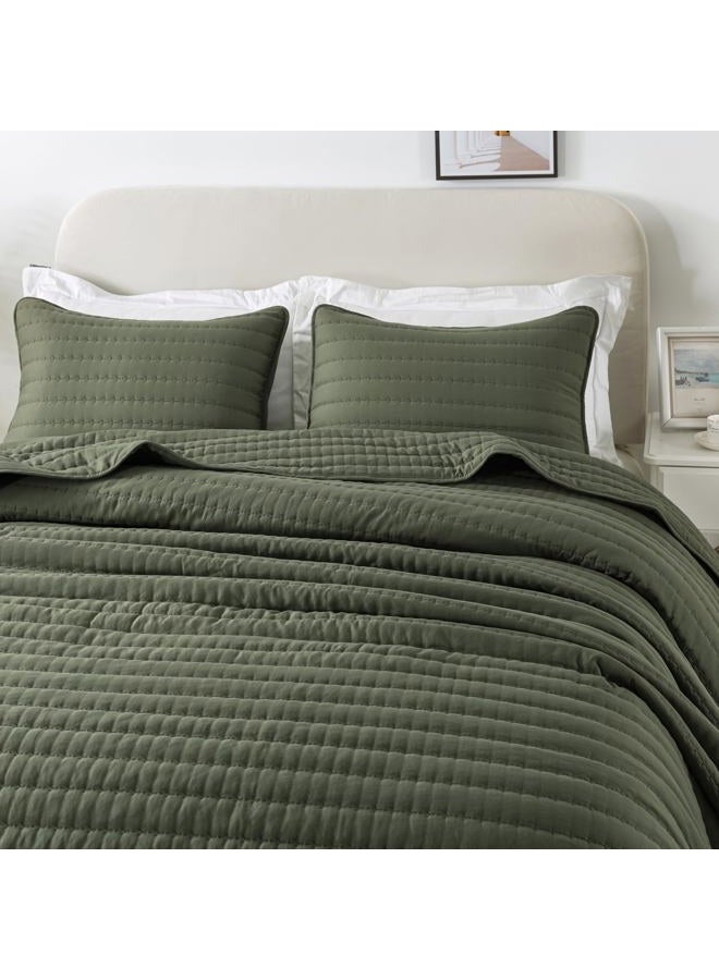 ROARINGWILD Olive Green King Size Quilt Set, Striped Pick Stitch Lightweight Bedspread, Soft Channel Farmhouse Rustic Coverlet, Spring Summer Thin Comforter, Country Bedding, 104x90 inches - Image 4