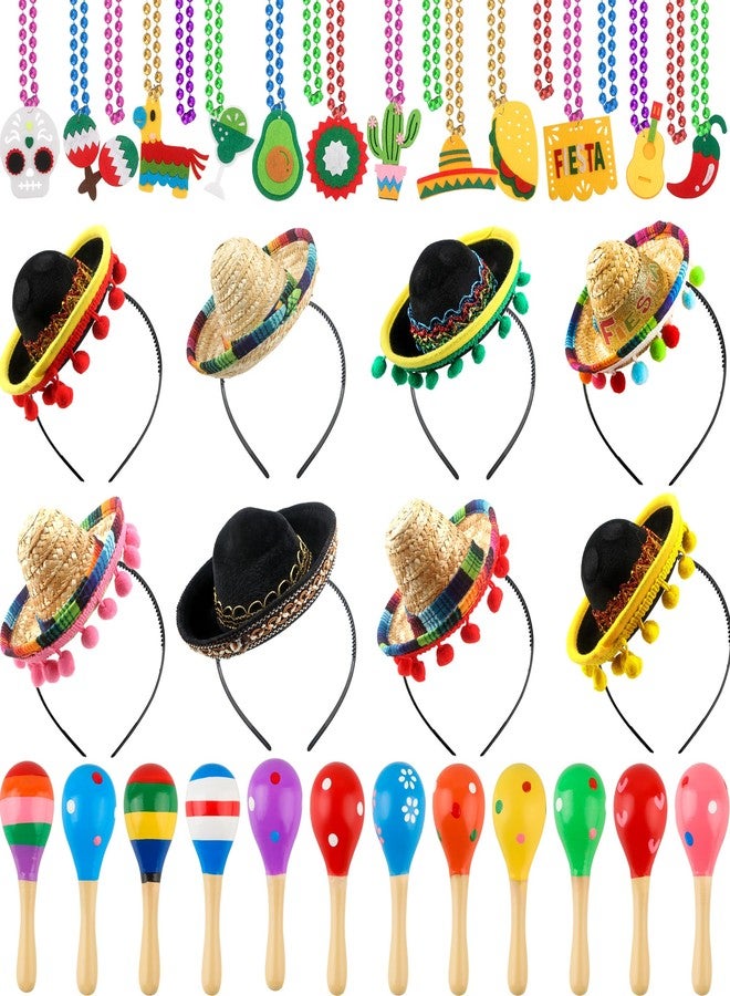 Sonarun Mexican Cinco De Mayo Fiesta Party Favors Includes Mini Fabric Straw Sombrero Headbands, Wooden Maracas, Necklaces for Mexican Party Decorations Photo Props - Image 1