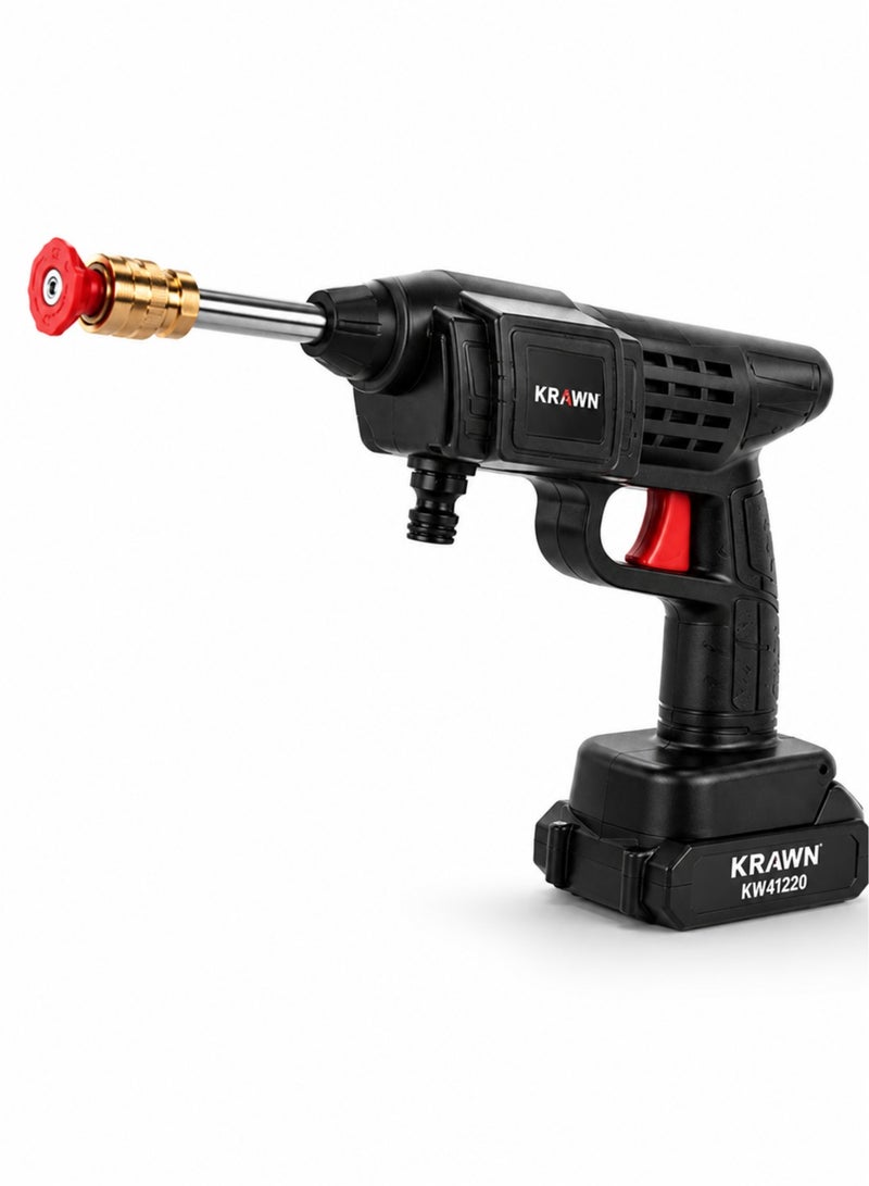 كراون KRAWN KW41220 - جهاز غسيل بالضغط العالي لاسلكي ومحمول (بقوة 452 PSI)؛ يتميز بمحرك من النحاس الخالص، و3 فوهات رش، وعبوة رغوة، وخرطوم مياه بطول 5 أمتار، ووصلة تمديد، وبطارية قابلة لإعادة الشحن؛ طقم تنظيف شامل للسيارات والدراجات والباحات والحدائق. - Image 2