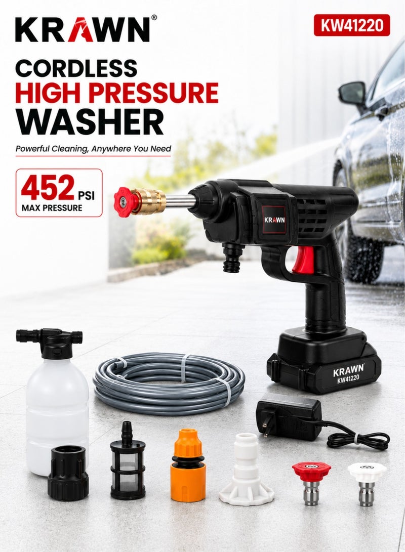 كراون KRAWN KW41220 - جهاز غسيل بالضغط العالي لاسلكي ومحمول (بقوة 452 PSI)؛ يتميز بمحرك من النحاس الخالص، و3 فوهات رش، وعبوة رغوة، وخرطوم مياه بطول 5 أمتار، ووصلة تمديد، وبطارية قابلة لإعادة الشحن؛ طقم تنظيف شامل للسيارات والدراجات والباحات والحدائق. - Image 1