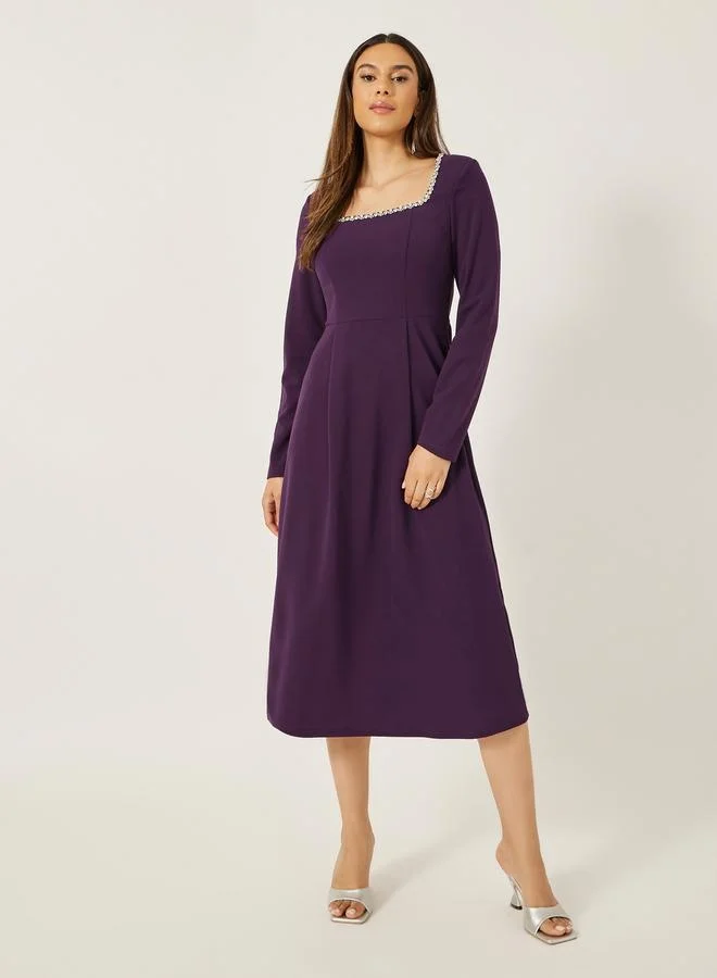 Styli Embellished Square Neck A-Line Midi Dress