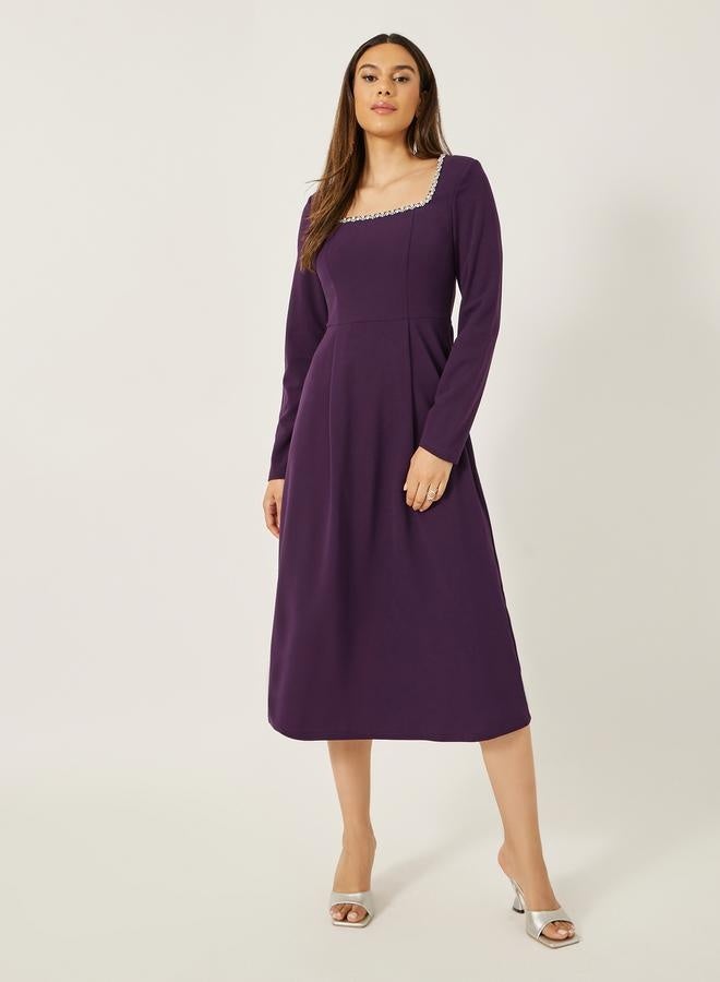 Styli Embellished Square Neck A-Line Midi Dress  - Image 3