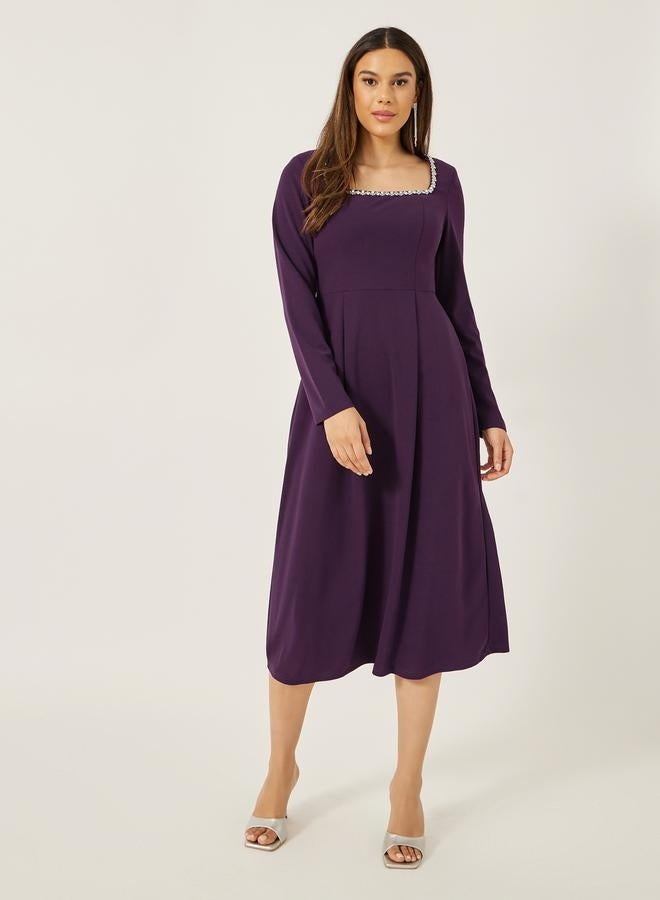 Styli Embellished Square Neck A-Line Midi Dress  - Image 2