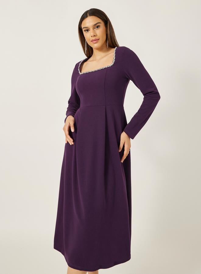 Styli Embellished Square Neck A-Line Midi Dress  - Image 1