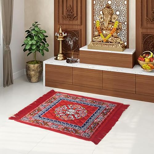 AAZEEM Prayer Mat | Velvet Aasan | Meditation Carpet | Pooja Aasan | Traditional Prayer Mat | Medium Size | Red Color - Image 1