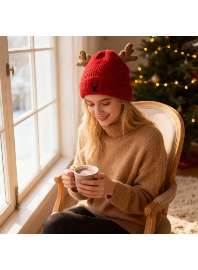 Y&D قبعة أيل محبوكة لعيد الميلاد، قبعة أيل لطيفة محبوكة، قبعة كروشيه للبالغين، قبعة شتوية دافئة - Image 2