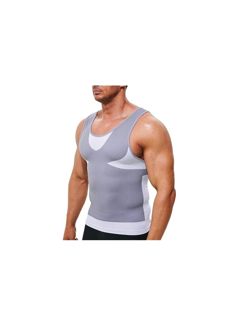 SOLARAE Mens Compression Shirt, Mens Slimming Body Shaper Vest, Muscle Training Tank, Undershirt Square Cut Muscle Tank, Top Workout Vest Abs Abdomen Slim, for Outdoor, Indoor Activity(XL)(Light Grey) - Image 1