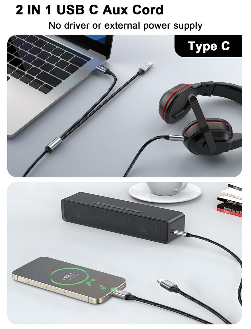 VIOY Aux to USB C and Lighting 6.6 FT, 2 in 1 Type C/Lighting to 3.5 mm Stereo Jack Audio Cable for Car Compatible with iPhone 5-16 / Plus/Pro/Pro Max/SE/XS/XR, Galaxy, iPad/Pro/Air... - Image 3