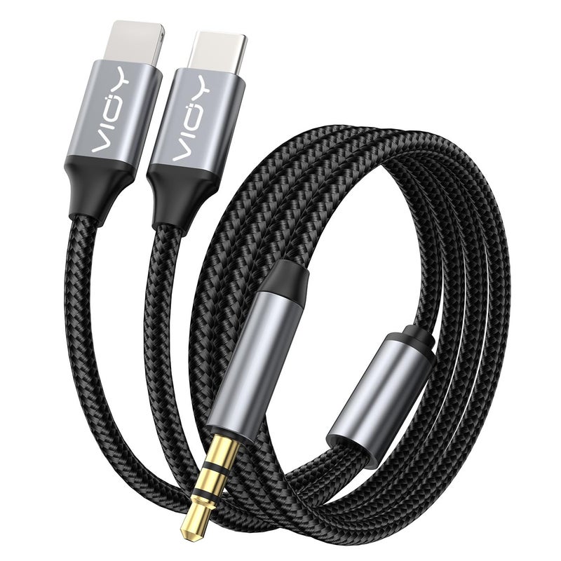 VIOY Aux to USB C and Lighting 6.6 FT, 2 in 1 Type C/Lighting to 3.5 mm Stereo Jack Audio Cable for Car Compatible with iPhone 5-16 / Plus/Pro/Pro Max/SE/XS/XR, Galaxy, iPad/Pro/Air... - Image 1