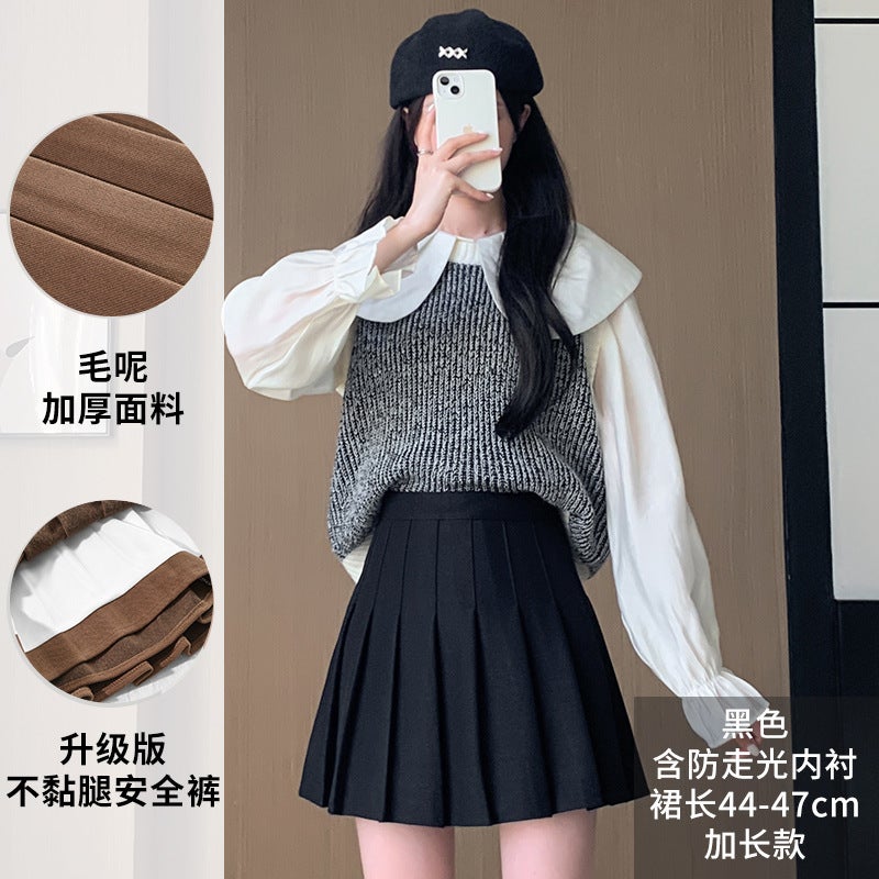 Pleated Skirt Womens Autumn and Winter New Thickened Woolen Short Skirt High Waist Korean Style A- line Slim Fit Slimming plus size Skirt Black wool [lengthened 7cm]]