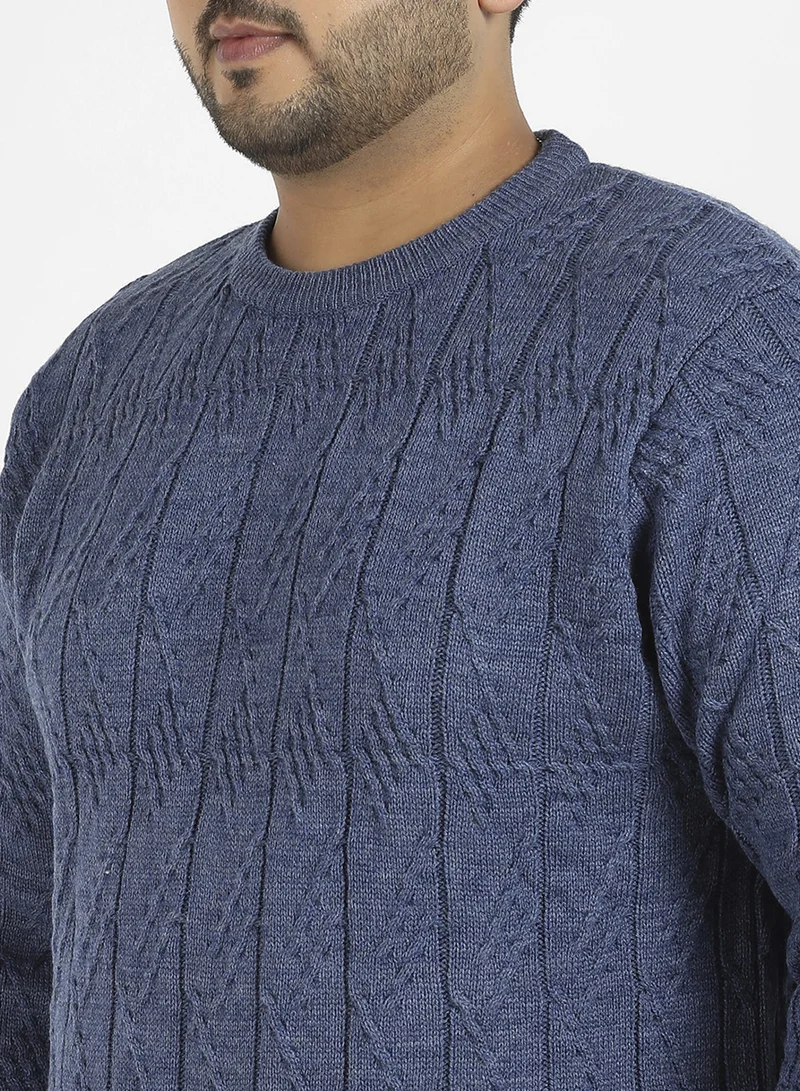 Instafab Plus Instafab Plus Men's Blue Textured Knit Pullover Sweater For Casual Wear | Crew Neck | Long Sleeve | Pull On Closure | Wool sweater Crafted With Comfort Fit For Everyday Wear