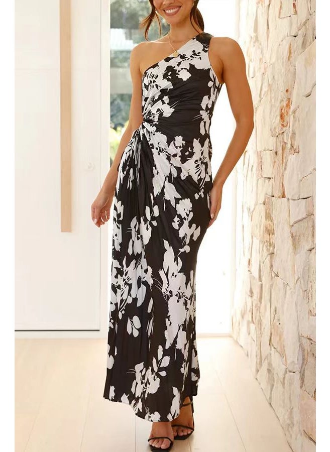 Generic 2024 Elegant One-Shoulder Sheath Dress black flower 