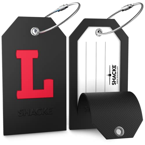 Shacke Initial Luggage Tag with Full Privacy Cover and Stainless Steel Loop - Black (Letter L) - Image 2