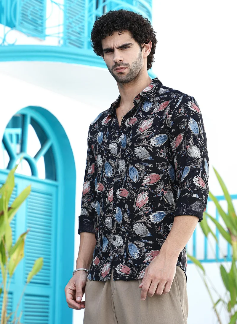 كامبوس سوترا Men's Onyx Black Bloom-Traces Regular Shirt