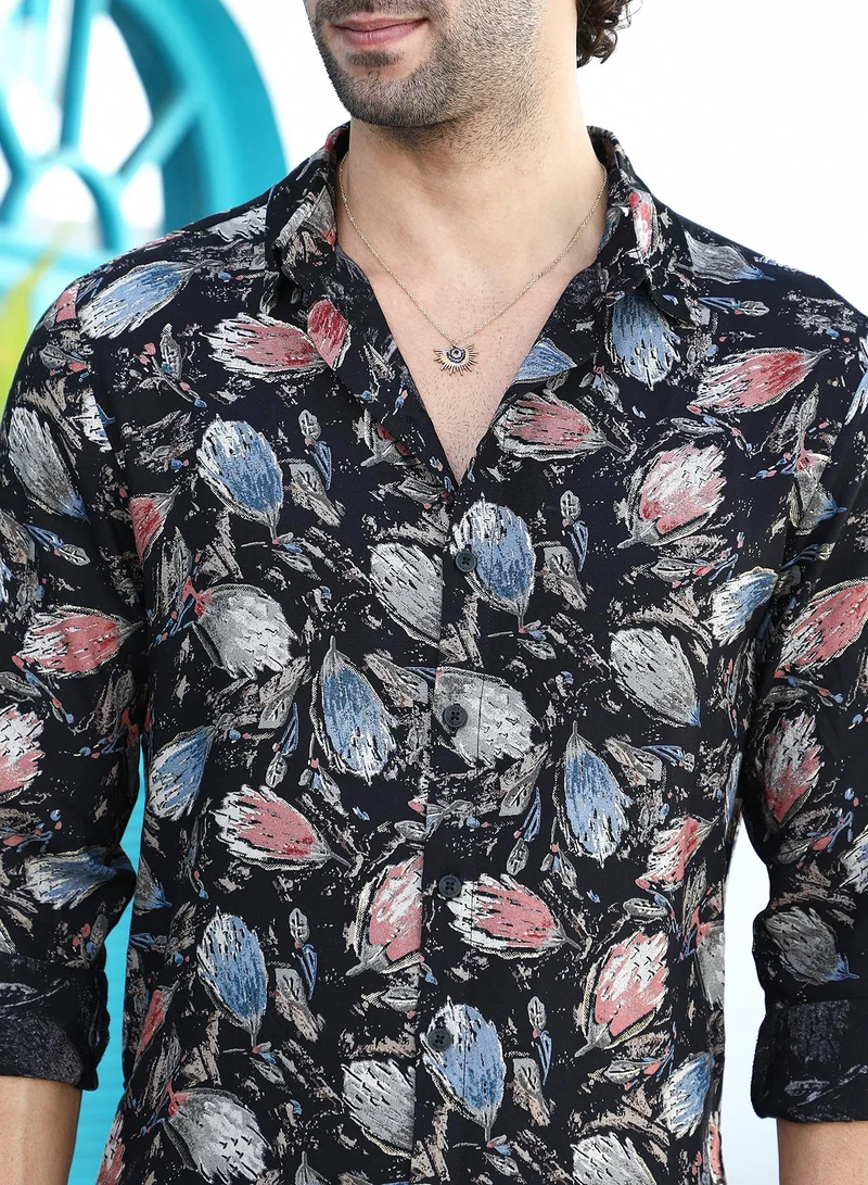 كامبوس سوترا Men's Onyx Black Bloom-Traces Regular Shirt