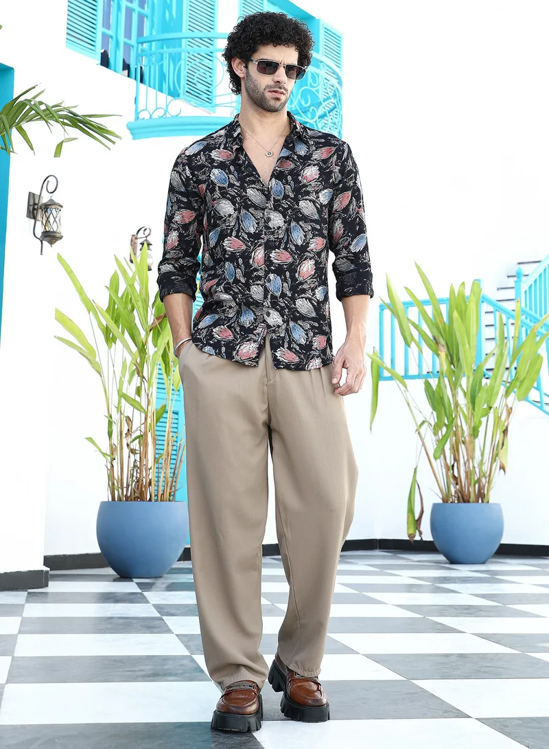 كامبوس سوترا Men's Onyx Black Bloom-Traces Regular Shirt