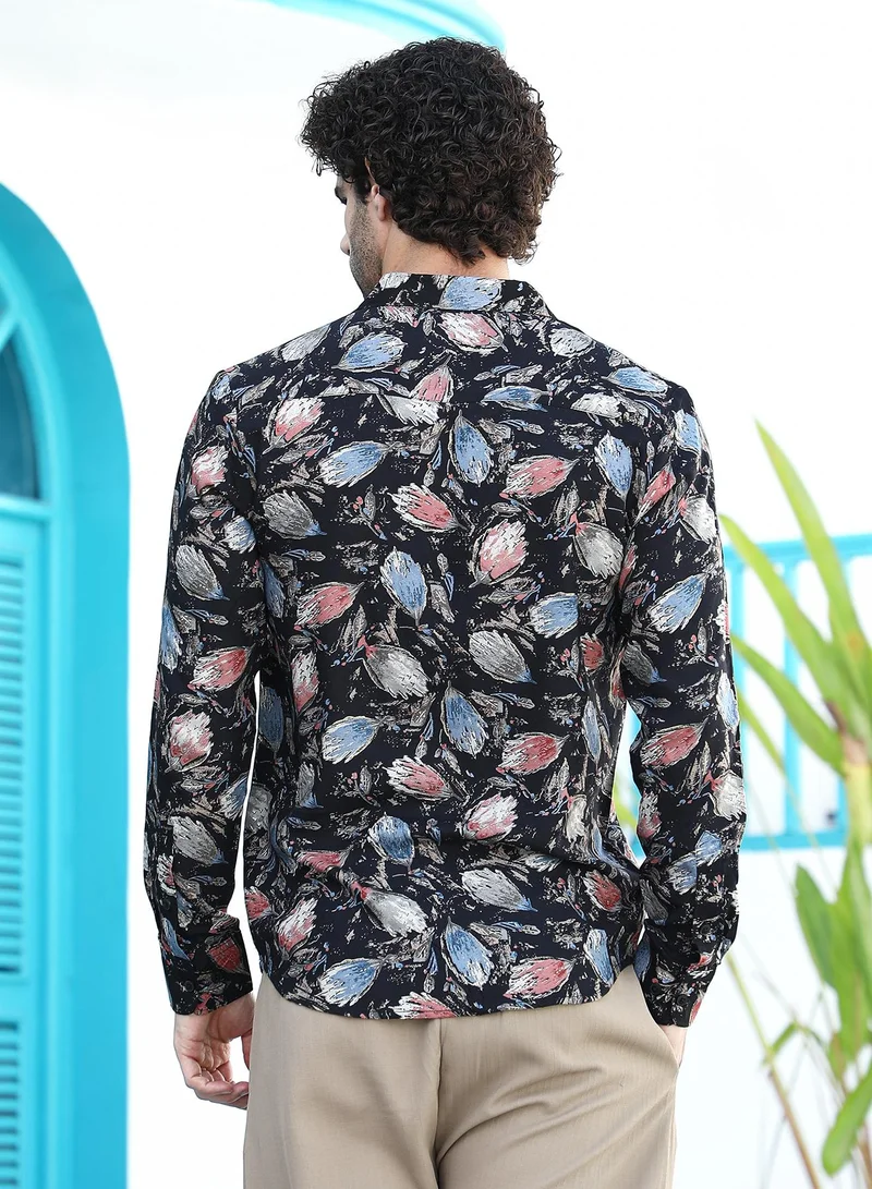 كامبوس سوترا Men's Onyx Black Bloom-Traces Regular Shirt