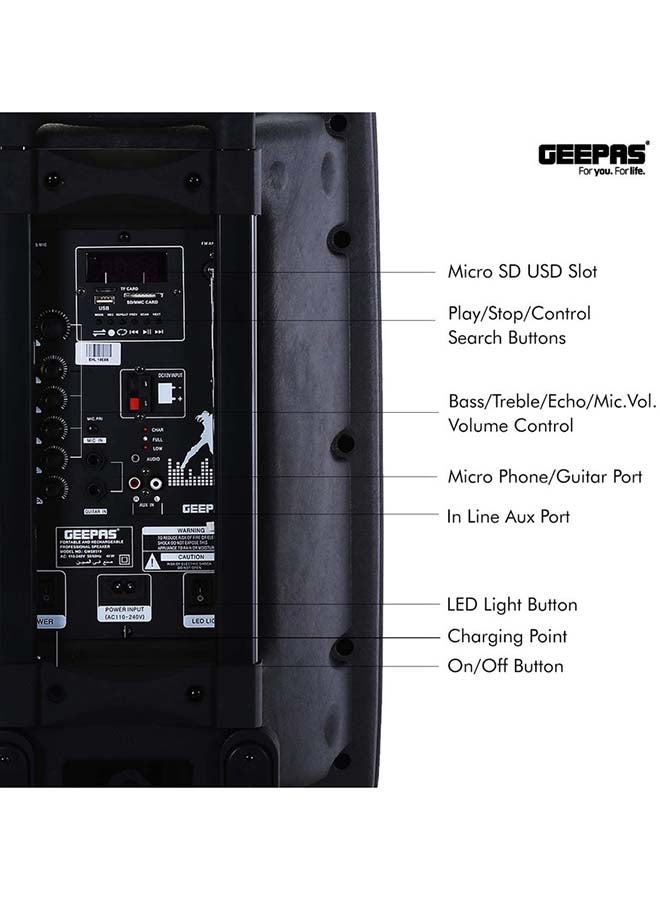GEEPAS Rechargeable Portable Trolley Speaker System With USB/Bluetooth/SD Card Slots/FM Radio GMS8519 Black - Image 4