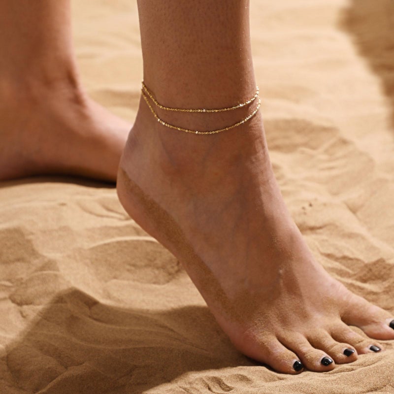 MIDEEO Gold/Silver Ankle Bracelets for Women,14K Gold Anklets for Women Waterproof Cuban Link Heart Beads Herringbone Rhinestone Anklets Set Layered Anklet Bracelets Gold Jewelry Gift - Image 3