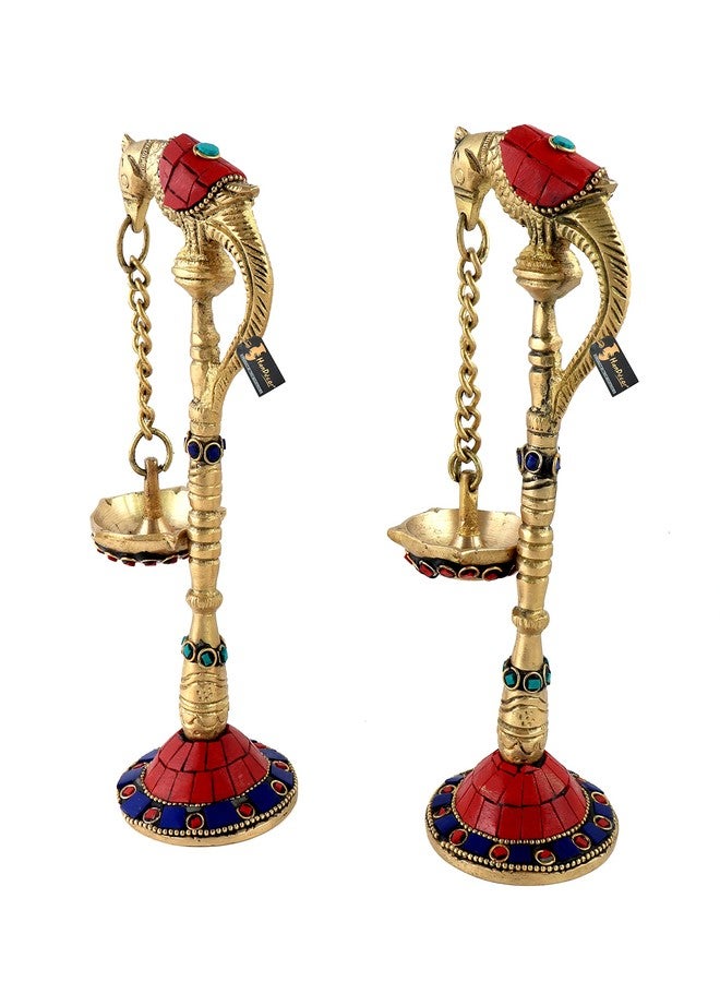 Two Moustaches Gemstone Work Parrot Design 7.5 Inches Brass Hanging Diya Pair, Material - Brass, Standard, Pack of 2 - Image 2