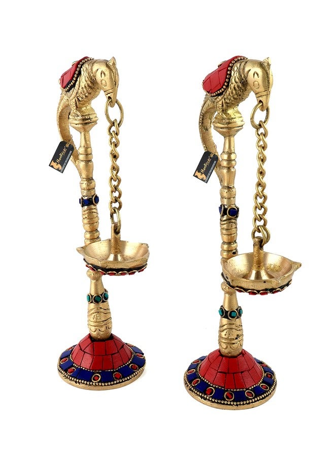Two Moustaches Gemstone Work Parrot Design 7.5 Inches Brass Hanging Diya Pair, Material - Brass, Standard, Pack of 2 - Image 3