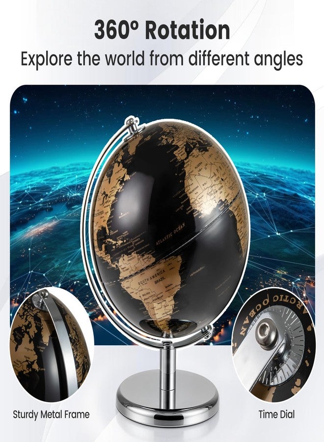 Goplus 8-Inch Metallic Black World Globe, Rotating Earth Globe w/Metal Stand, Modern Desktop Decoration for Home, Office (Black + Gold) - Image 3