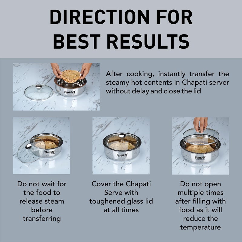 Sumeet Smart Serve Stainless Steel Double Wall Insulated Hot Roti/Chapati Pot/Server/Casserole with Glass Lid, 1600 ml, 1Pc, Silver - Image 3