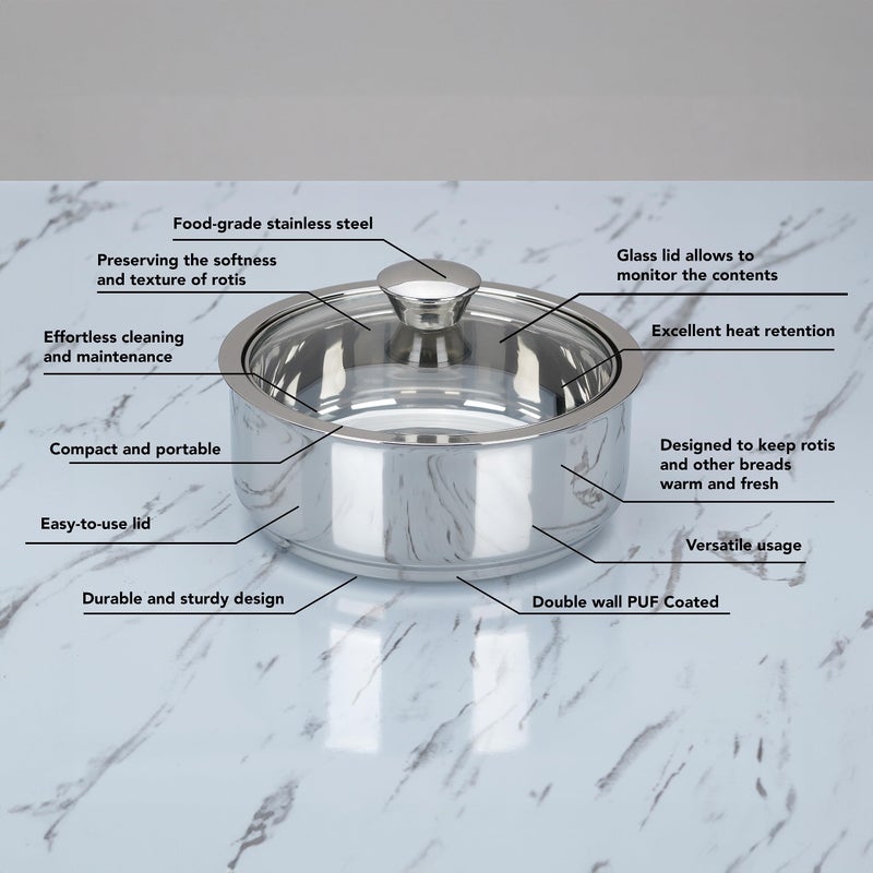 Sumeet Smart Serve Stainless Steel Double Wall Insulated Hot Roti/Chapati Pot/Server/Casserole with Glass Lid, 1600 ml, 1Pc, Silver - Image 2