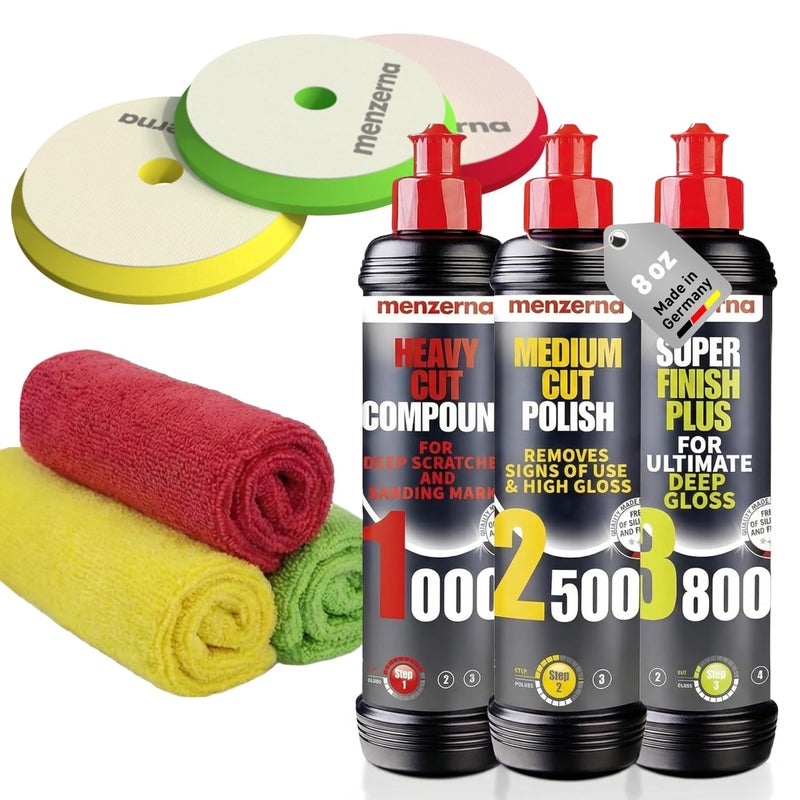 menzerna Polishing Set 8oz – HCC1000, MCC2500 & SFP3800 | 3-Step System incl. 3 Matching Pads & 3 Matching Microfiber Towels for Scratch Removal, Swirl Elimination & Mirror-Like Finish - Image 1