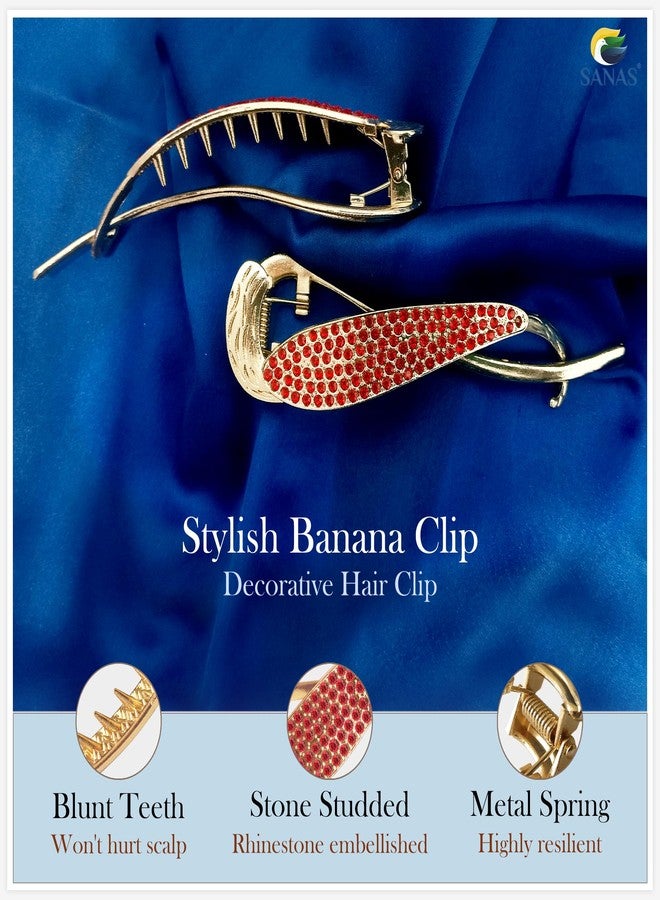 Sanas Banana Clip (1Pc) Metal Hair Clips Rhinestone French Barrette Korean Hair Accessories for Women (1Pc) (Diamond - Red) - Image 3