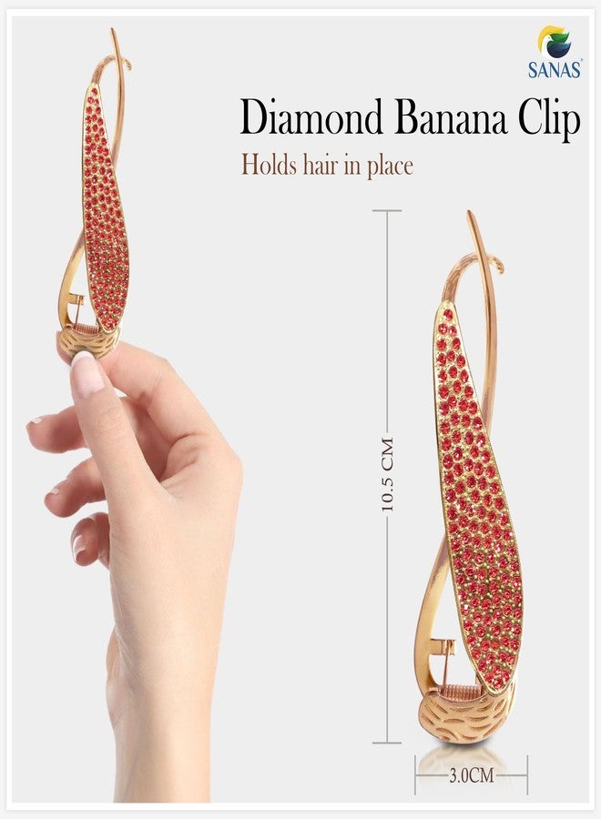 Sanas Banana Clip (1Pc) Metal Hair Clips Rhinestone French Barrette Korean Hair Accessories for Women (1Pc) (Diamond - Red) - Image 2