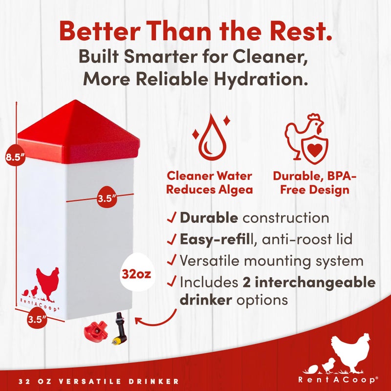 RentACoop 32oz (1 Liter) Drinker Plus 2 Versatile Nipples - Suitable for Chicks, Quail, Pigeons, Doves, and Other Smaller Birds - 1 Pack - Image 2