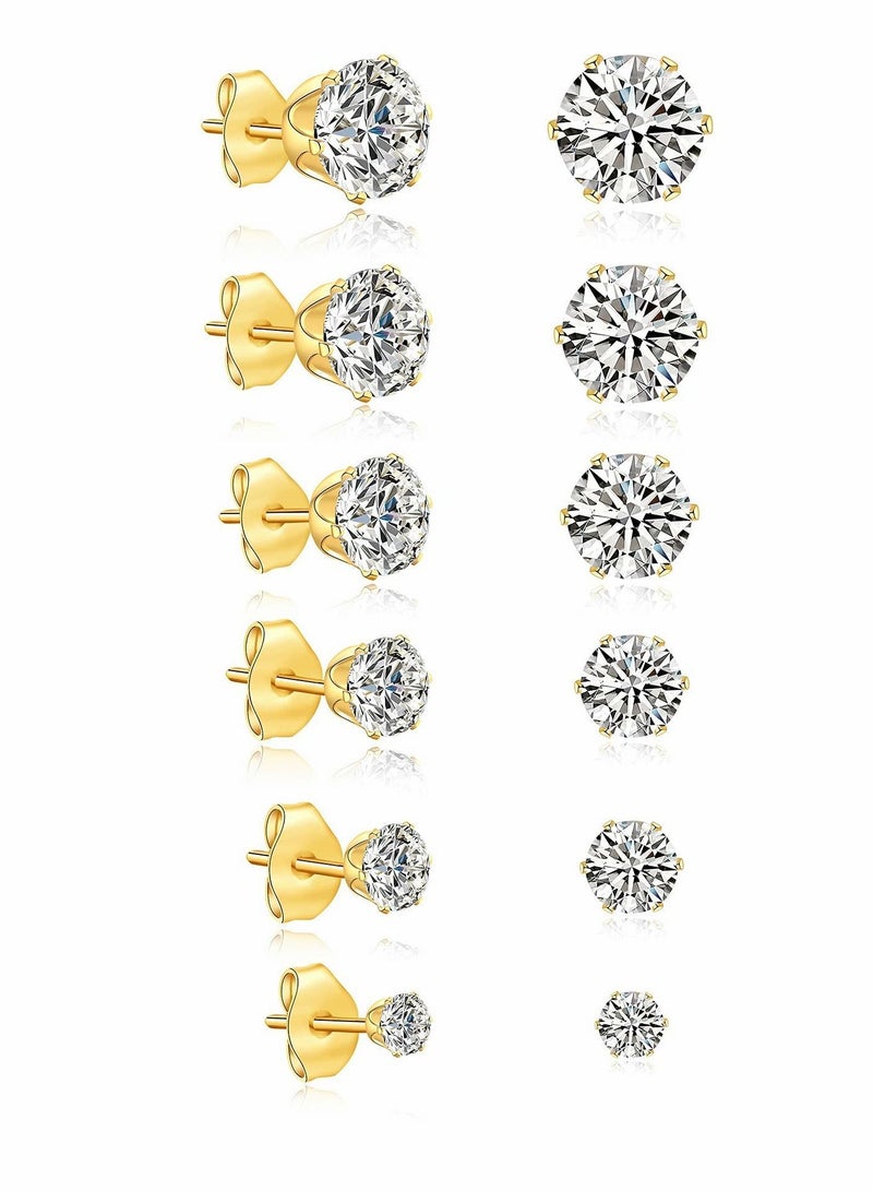 Y&D Hypoallergenic Surgical Steel Earrings Silver Diamond Stud Earrings for Men/Women 3/4MM Cartilage Sleeper 5/6/7/8MM Zircon Studs 6Pairs - Image 1